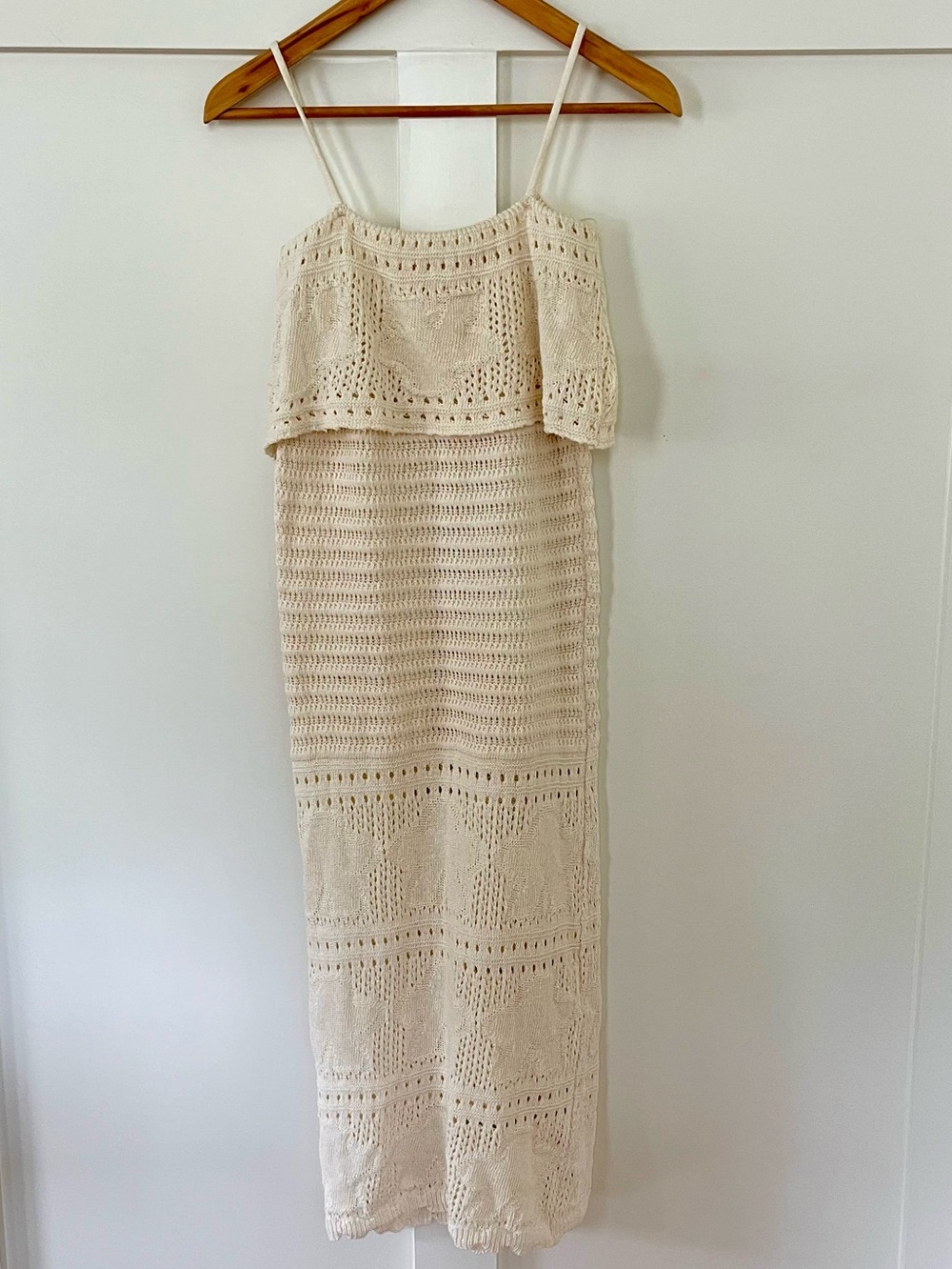 Cream Crochet Maxi Dress with Spaghetti Straps made in Italy-XS